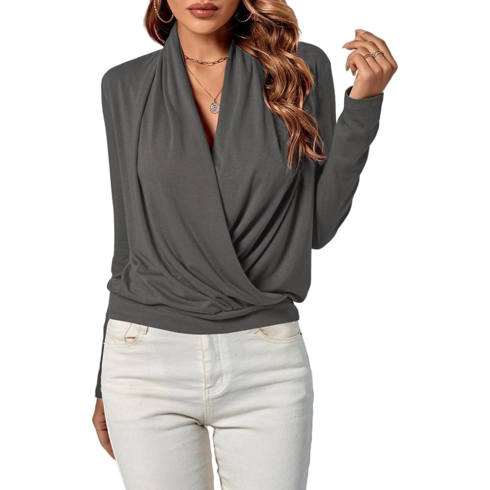 imageLYANER Womens Casual V Neck Cross Wrap Long Sleeve Solid Blouse Shirt TopGray