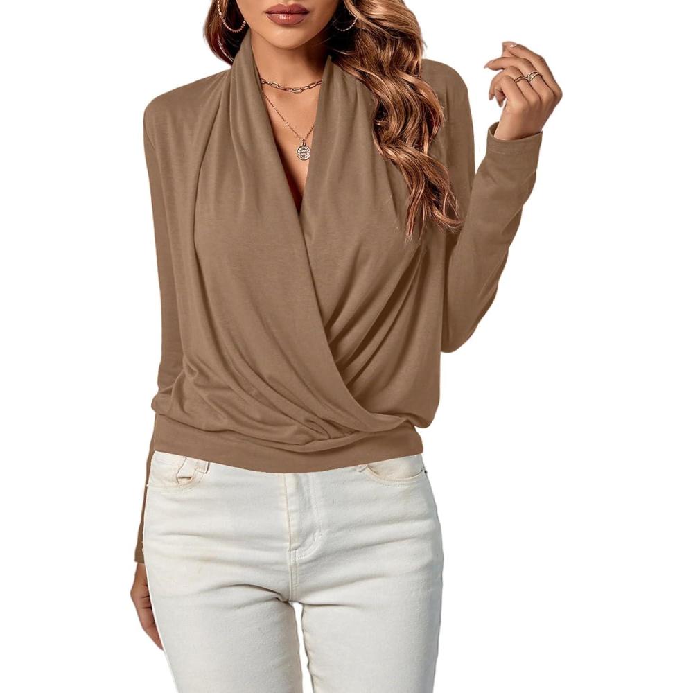 imageLYANER Womens Casual V Neck Cross Wrap Long Sleeve Solid Blouse Shirt TopLight Brown