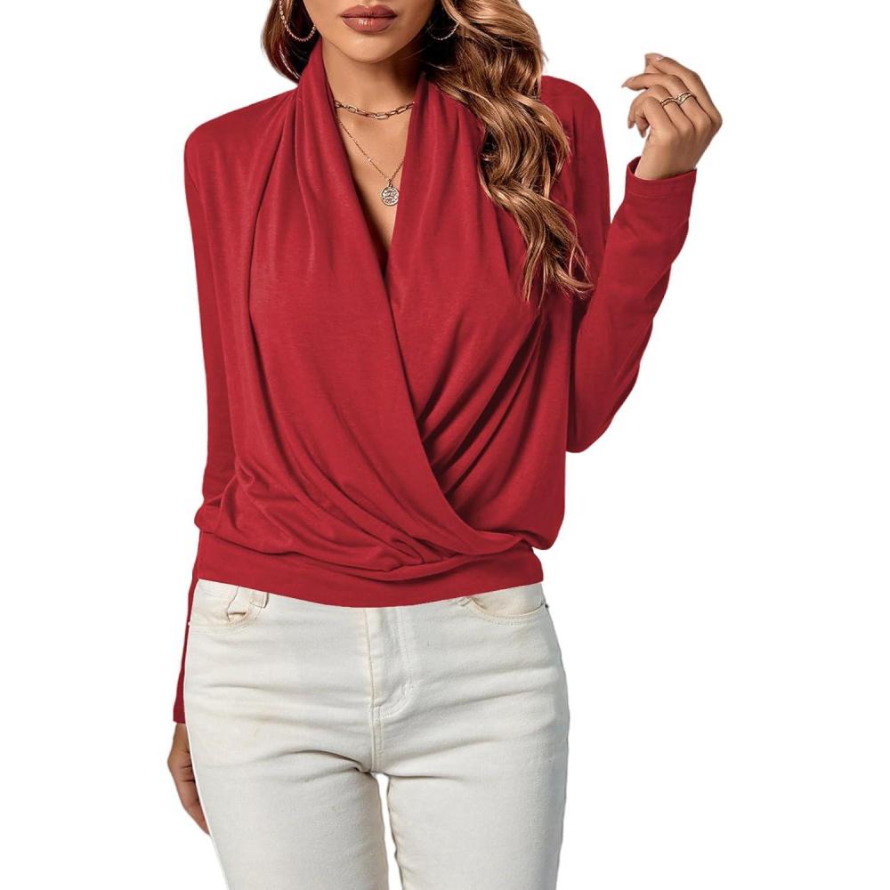 imageLYANER Womens Casual V Neck Cross Wrap Long Sleeve Solid Blouse Shirt TopWine Red