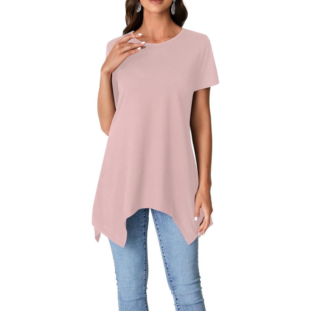 imageLYANER Womens Crewneck Short Sleeve Tunic Top Loose Flowy Irregular Hem BlouseDust Pink