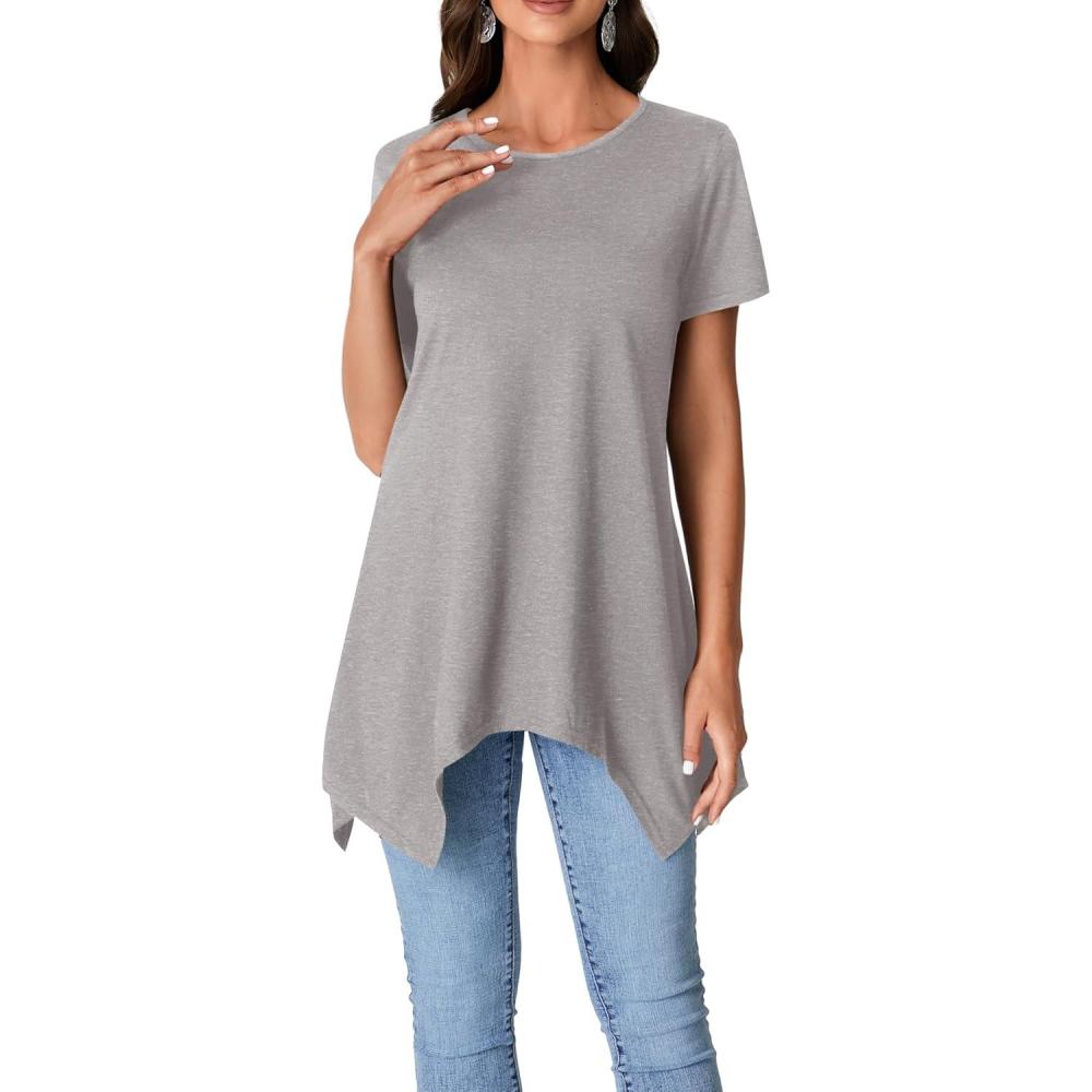imageLYANER Womens Crewneck Short Sleeve Tunic Top Loose Flowy Irregular Hem BlouseGray