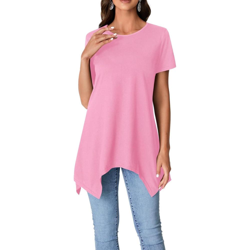 imageLYANER Womens Crewneck Short Sleeve Tunic Top Loose Flowy Irregular Hem BlousePink