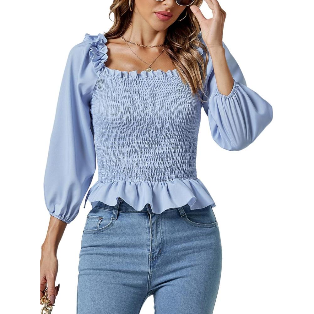 imageLYANER Womens Frill Square Neck Ruffle Trim Shirred 34 Puff Long Sleeve Pleated Blouse Crop TopBlue