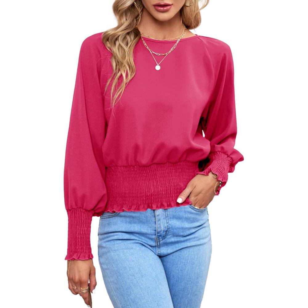 imageLYANER Womens Round Neck Frill Shirred Lantern Long Sleeve Blouse Office Shirt TopRose