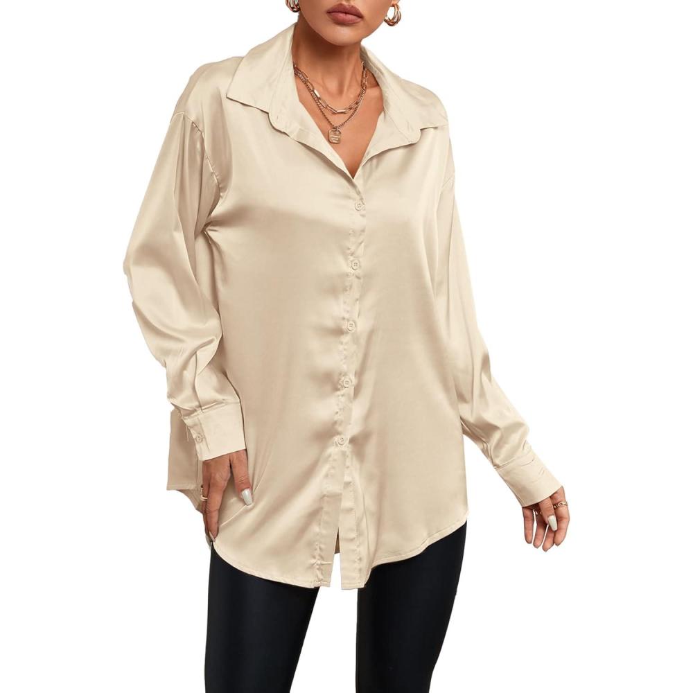 imageLYANER Womens Satin Silk Collar V Neck Button Down Long Sleeve Blouse Shirt TopBeige