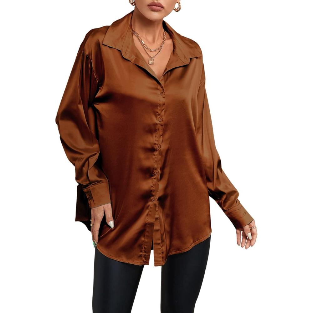 imageLYANER Womens Satin Silk Collar V Neck Button Down Long Sleeve Blouse Shirt TopBrown