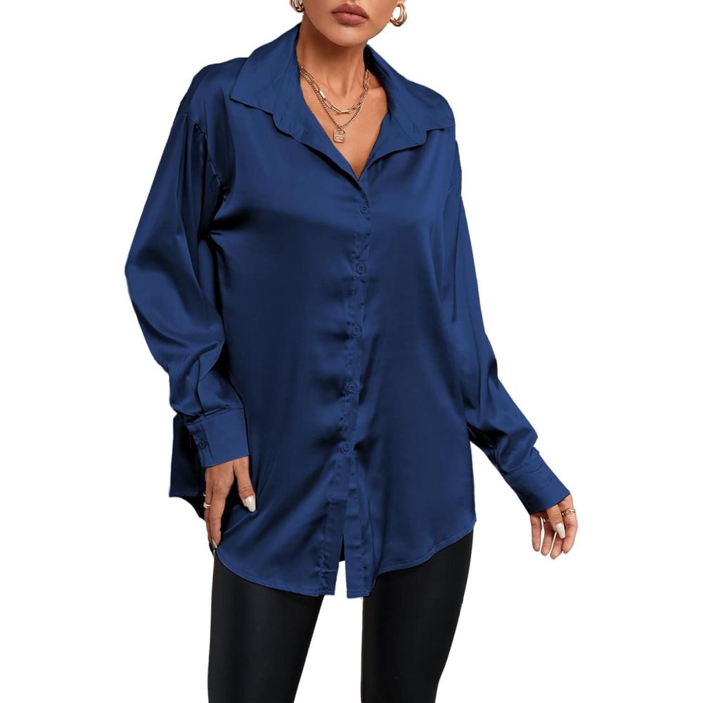 imageLYANER Womens Satin Silk Collar V Neck Button Down Long Sleeve Blouse Shirt TopDark Blue