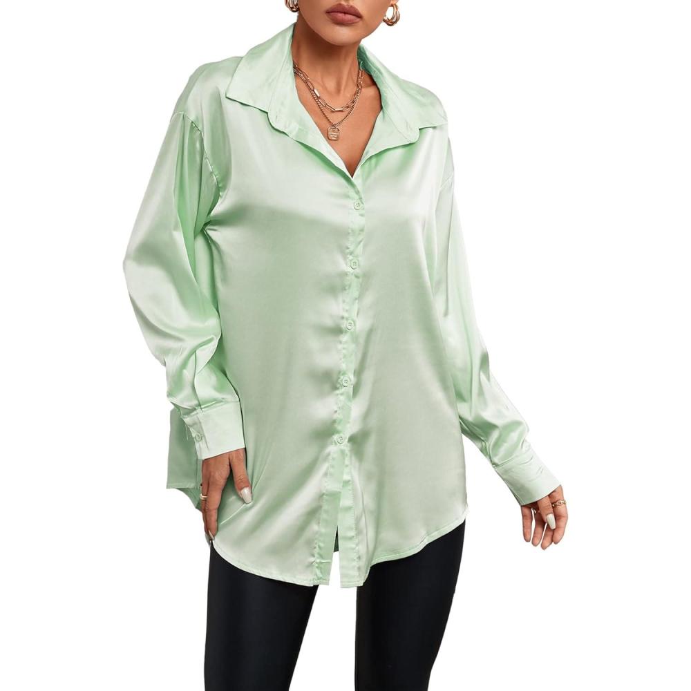 imageLYANER Womens Satin Silk Collar V Neck Button Down Long Sleeve Blouse Shirt TopLight Green