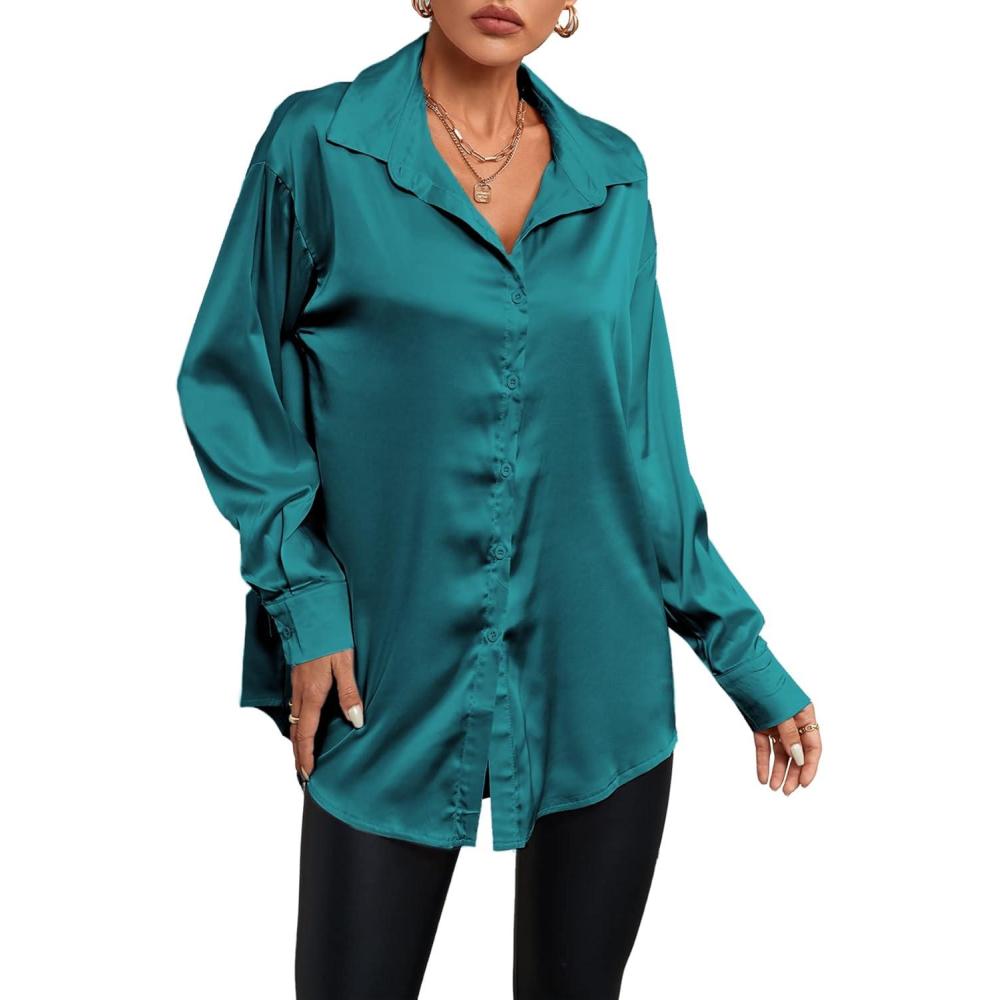 imageLYANER Womens Satin Silk Collar V Neck Button Down Long Sleeve Blouse Shirt TopTeal