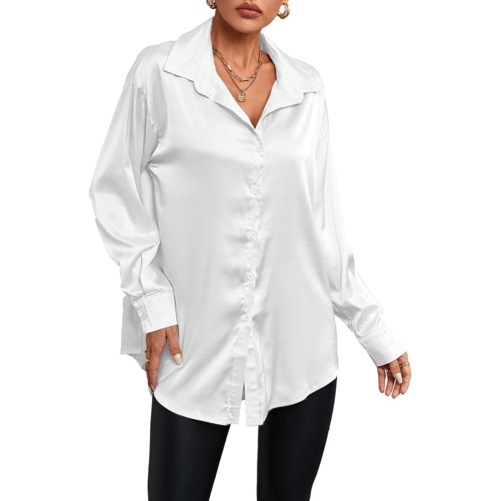 imageLYANER Womens Satin Silk Collar V Neck Button Down Long Sleeve Blouse Shirt TopWhite