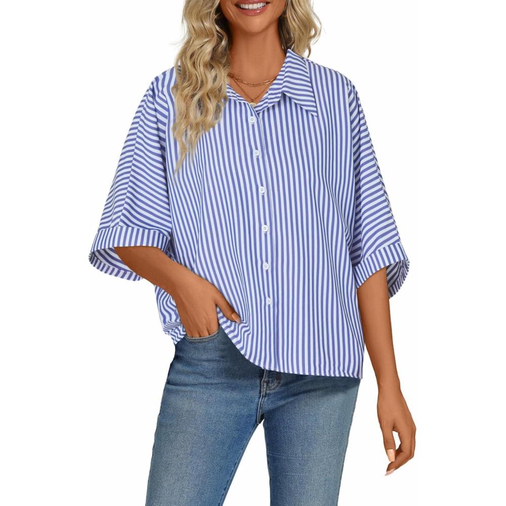 imageLYANER Womens Striped Button Down Shirts Collar V Neck Half Sleeve Casual Loose Office Work Blouse TopsBlue