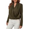 imageLYANER Womens Casual V Neck Cross Wrap Long Sleeve Solid Blouse Shirt TopArmy Green