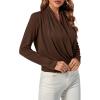 imageLYANER Womens Casual V Neck Cross Wrap Long Sleeve Solid Blouse Shirt TopBrown