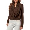 imageLYANER Womens Casual V Neck Cross Wrap Long Sleeve Solid Blouse Shirt TopBrown