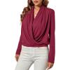 imageLYANER Womens Casual V Neck Cross Wrap Long Sleeve Solid Blouse Shirt TopDark Red