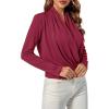 imageLYANER Womens Casual V Neck Cross Wrap Long Sleeve Solid Blouse Shirt TopDark Red