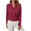imageLYANER Womens Casual V Neck Cross Wrap Long Sleeve Solid Blouse Shirt TopDark Red