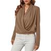 imageLYANER Womens Casual V Neck Cross Wrap Long Sleeve Solid Blouse Shirt TopLight Brown