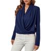imageLYANER Womens Casual V Neck Cross Wrap Long Sleeve Solid Blouse Shirt TopNavy Blue