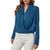 imageLYANER Womens Casual V Neck Cross Wrap Long Sleeve Solid Blouse Shirt TopTeal Blue
