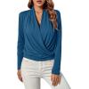 imageLYANER Womens Casual V Neck Cross Wrap Long Sleeve Solid Blouse Shirt TopTeal Blue