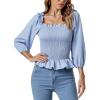 imageLYANER Womens Frill Square Neck Ruffle Trim Shirred 34 Puff Long Sleeve Pleated Blouse Crop TopBlue