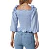 imageLYANER Womens Frill Square Neck Ruffle Trim Shirred 34 Puff Long Sleeve Pleated Blouse Crop TopBlue
