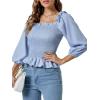 imageLYANER Womens Frill Square Neck Ruffle Trim Shirred 34 Puff Long Sleeve Pleated Blouse Crop TopBlue