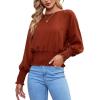 imageLYANER Womens Round Neck Frill Shirred Lantern Long Sleeve Blouse Office Shirt TopBrick Red