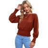 imageLYANER Womens Round Neck Frill Shirred Lantern Long Sleeve Blouse Office Shirt TopBrick Red
