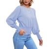 imageLYANER Womens Round Neck Frill Shirred Lantern Long Sleeve Blouse Office Shirt TopLight Blue