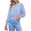 imageLYANER Womens Round Neck Frill Shirred Lantern Long Sleeve Blouse Office Shirt TopLight Blue