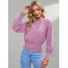 imageLYANER Womens Round Neck Frill Shirred Lantern Long Sleeve Blouse Office Shirt TopLight Purple