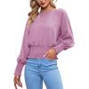 imageLYANER Womens Round Neck Frill Shirred Lantern Long Sleeve Blouse Office Shirt TopLight Purple