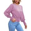 imageLYANER Womens Round Neck Frill Shirred Lantern Long Sleeve Blouse Office Shirt TopLight Purple