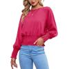 imageLYANER Womens Round Neck Frill Shirred Lantern Long Sleeve Blouse Office Shirt TopRose