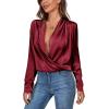 imageLYANER Womens Satin Deep V Neck Wrap Drape Ruched Backless Long Sleeve Blouse Shirt TopSolid Wine Red
