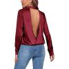 imageLYANER Womens Satin Deep V Neck Wrap Drape Ruched Backless Long Sleeve Blouse Shirt TopSolid Wine Red