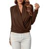 imageLYANER Womens Casual V Neck Cross Wrap Long Sleeve Solid Blouse Shirt TopBurnt Orange