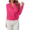 imageLYANER Womens Casual V Neck Cross Wrap Long Sleeve Solid Blouse Shirt TopRose Red