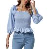 imageLYANER Womens Frill Square Neck Ruffle Trim Shirred 34 Puff Long Sleeve Pleated Blouse Crop TopBlue