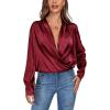 imageLYANER Womens Satin Deep V Neck Wrap Drape Ruched Backless Long Sleeve Blouse Shirt TopSolid Wine Red