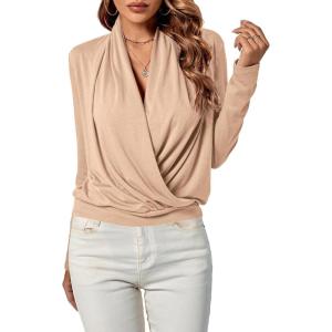 imageLYANER Womens Casual V Neck Cross Wrap Long Sleeve Solid Blouse Shirt TopBeige