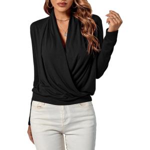 imageLYANER Womens Casual V Neck Cross Wrap Long Sleeve Solid Blouse Shirt TopBlack1