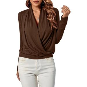 imageLYANER Womens Casual V Neck Cross Wrap Long Sleeve Solid Blouse Shirt TopBurnt Orange