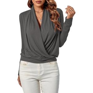 imageLYANER Womens Casual V Neck Cross Wrap Long Sleeve Solid Blouse Shirt TopGray