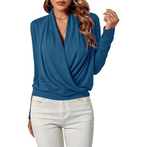 imageLYANER Womens Casual V Neck Cross Wrap Long Sleeve Solid Blouse Shirt TopTeal Blue