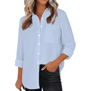 imageLYANER Womens Collar Buttons Down Long Sleeve Work Blouse Shirt Top with PocketLight Blue