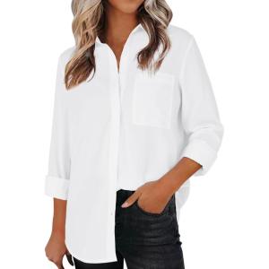 imageLYANER Womens Collar Buttons Down Long Sleeve Work Blouse Shirt Top with PocketWhite