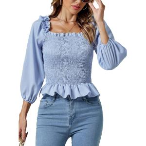 imageLYANER Womens Frill Square Neck Ruffle Trim Shirred 34 Puff Long Sleeve Pleated Blouse Crop TopBlue